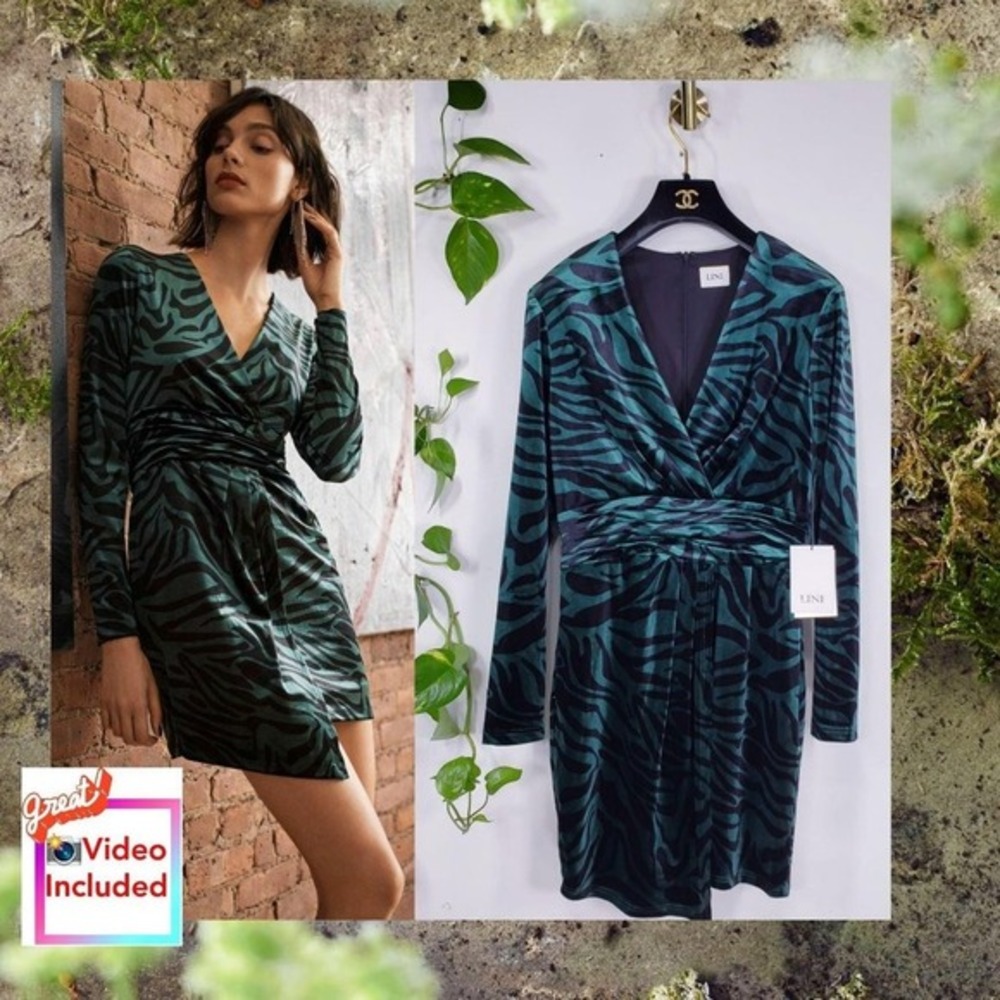 Lini Animal Zebra Green Black Mini Dress Small Velvet Holiday Cocktail NEW $328